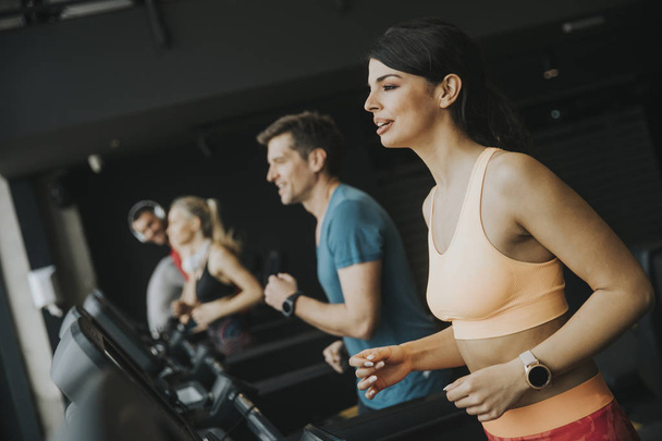 Group of young people running on treadmills in modern gym - Photo, Image