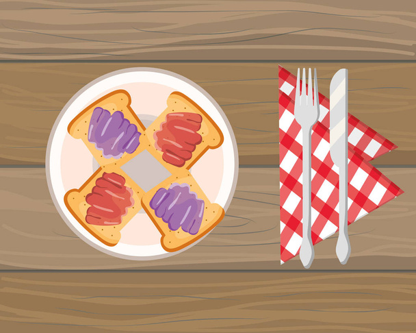 lezzetli lezzetli yemek tost ekmeği ahşap arka plan çizgi film vektör çizim grafik tasarım - Vektör, Görsel