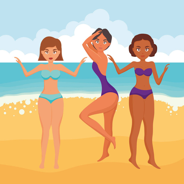 hermosas mujeres con trajes de baño en la playa
 - Vector, imagen