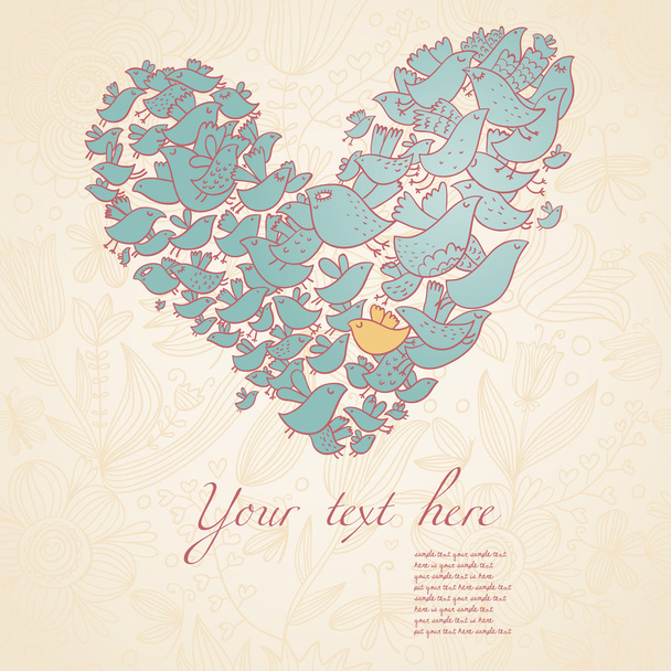 Heart made of bright birds on a seamless floral pattern - Διάνυσμα, εικόνα