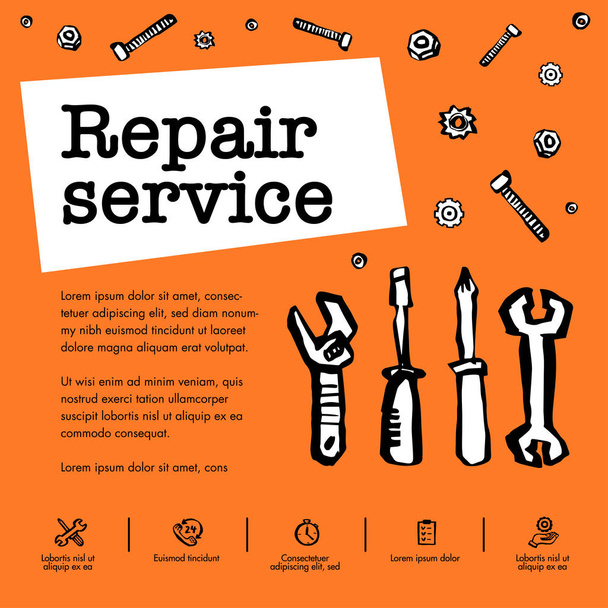 Car service concept. Set with car parts and tools, car service, tire service, car repair etc. Doodle ink style vector illustration. - Vector, Image