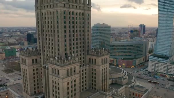 Busy Warsaw city centre with Palace of Culture and Science and other new skyscrapers in the view. One of the highest building of Europe. Aerial view - Footage, Video