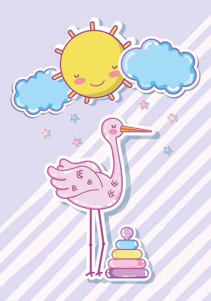 Desenho animado bonito cegonha com bebê brinquedo vetor ilustração design gráfico
 - Vetor, Imagem