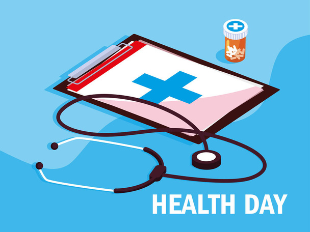 world health day card with clipboard and set icons - Vector, Image