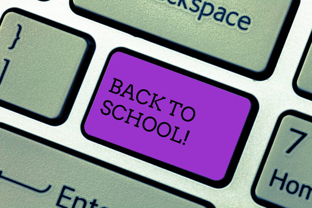 Handwriting text writing Back To School. Concept meaning Right time to purchase schoolbag, pen, book, stationary Keyboard key Intention to create computer message pressing keypad idea. - Photo, Image