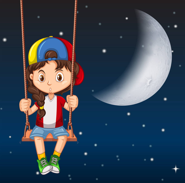 Boy On Swing At Night - Vector, Image