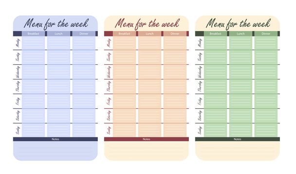 3 χρώμα επιλογές μενού για την εβδομάδα. πρότυπο για το ημερολόγιο τροφίμων. Προτίμηση γεύματος για το διάνυσμα εβδομάδα - Διάνυσμα, εικόνα