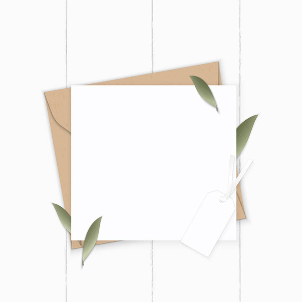 Widok z góry płaska świeckich elegancki biały skład list kraft papier e - Zdjęcie, obraz