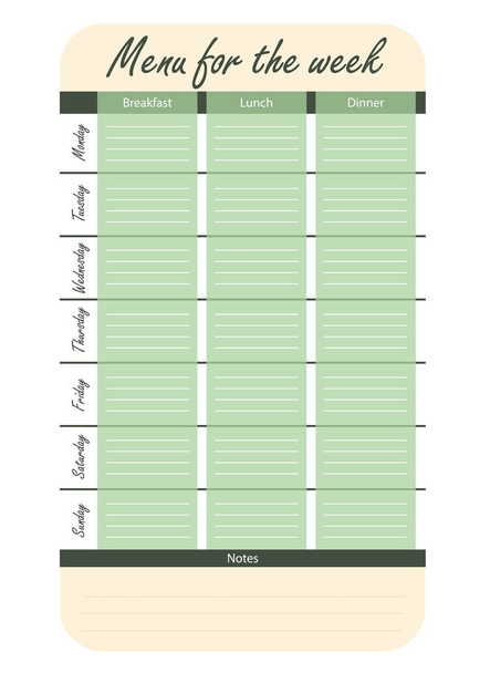 зелене меню на тиждень. шаблон для їжі щоденник. план харчування на тиждень вектор
 - Вектор, зображення