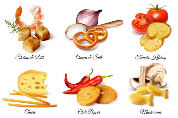 Крекеры и закуски со вкусовыми ингредиентами
 - Вектор,изображение