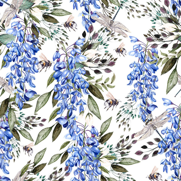 Beautiful watercolor pattern with wisteria and insect.  - Photo, Image