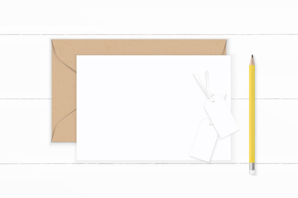 plano laico vista superior elegante blanco composición carta kraft papel e
 - Foto, Imagen
