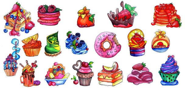 eine Reihe von Desserts. Cupcake Aquarellzeichnung auf weißem Hintergrund. Urlaub - Illustration - Foto, Bild