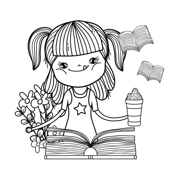 счастливая маленькая девочка, читающая книгу в саду
 - Вектор,изображение