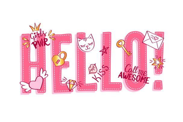 Hello lettering with girly doodles and hand drawn phrases for valentines day card design, girl's t-shirt print. Hand drawn hello slogan.  - ベクター画像