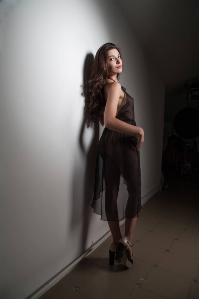 Girl in a short transparent peignoir in a dark room - Φωτογραφία, εικόνα