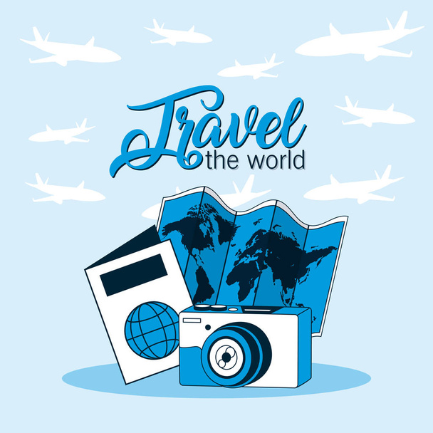 Podróżować po świecie z aparatu mapę i paszport wektor ilustracja graphic design - Wektor, obraz