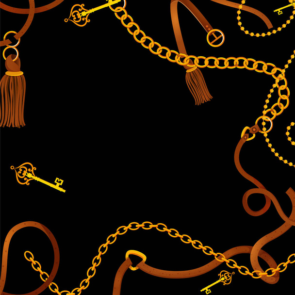 Antique ornamental golden chain and leather belt on ornate background - Διάνυσμα, εικόνα