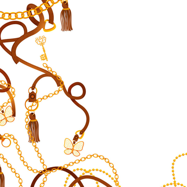 Antique chaîne d'or ornementale et ceinture en cuir sur fond orné
 - Vecteur, image