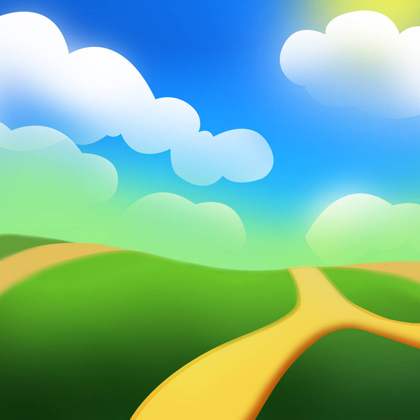 Groene heuvel onder de zon. video games digitale CG artwork, concept illustratie, realistische cartoon stijl achtergrond - Foto, afbeelding