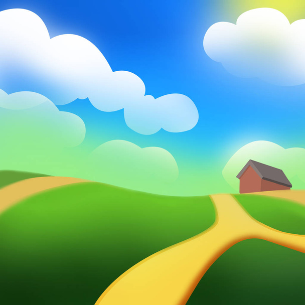 Sun altında Bir Çiftlik Green Hill. Video Oyunları Dijital Cg Artwork, Konsept İllüstrasyon, Gerçekçi Karikatür Tarzı Arka Plan - Fotoğraf, Görsel