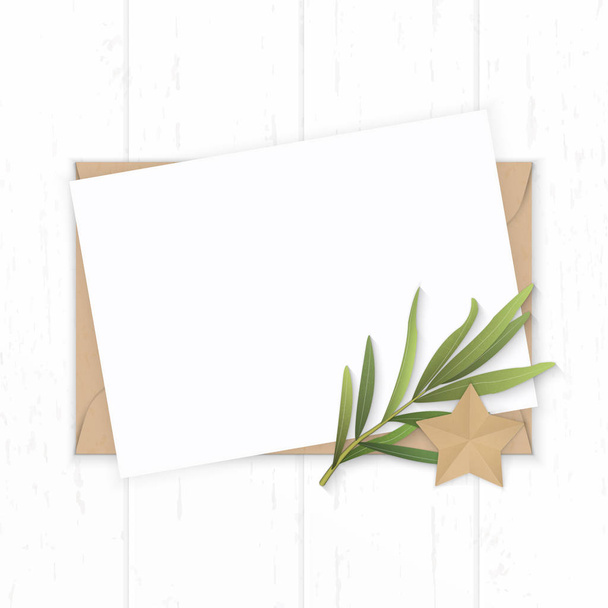 Плоский вид сверху элегантный белый бумажный конверт композиции крафт
 - Фото, изображение