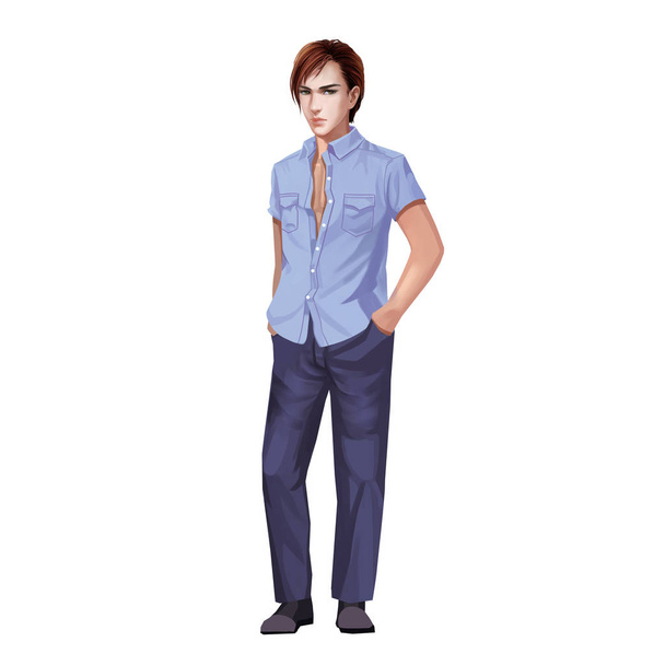 Mode jonge man in korte mouwen shirt. Video games digitale CG artwork, concept illustratie, realistische cartoon stijl achtergrond en karakter ontwerp  - Foto, afbeelding