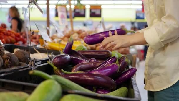 Hand on fresh aubergines - eggplants, closeup. female choosing vegetables at supermarket - Footage, Video
