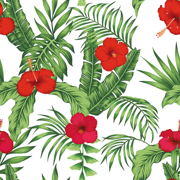 Tropical pattern leaves flowers seamless white background - ベクター画像