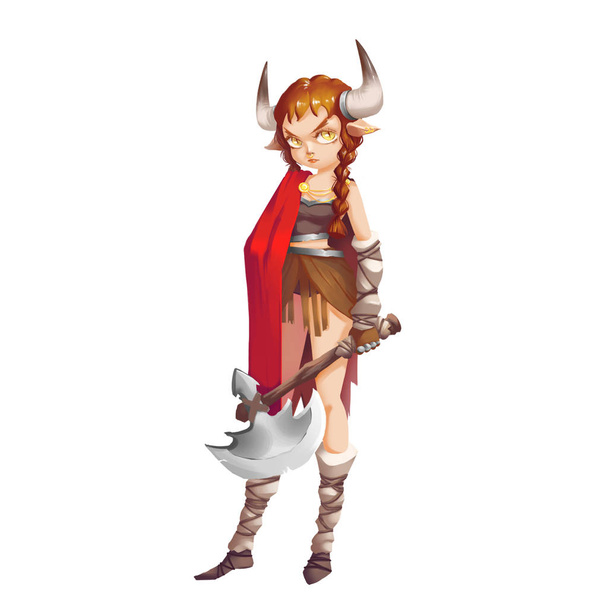 Wild Savage Viking Girl Warrior isolated on White Background. Video Games Digital CG Artwork, Concept Illustration, Realistic Cartoon Style Background and Character Design - Photo, Image