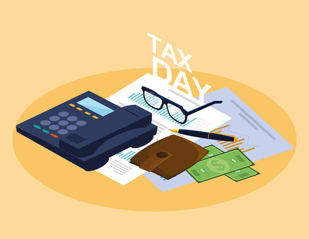 tax day with phone and set icons - Vector, Image