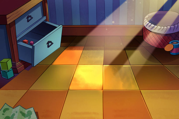 Kinderkamer, een kleine hoek met zonlicht op de vloer. Video games digitale CG artwork, concept illustratie, realistische cartoon stijl achtergrond  - Foto, afbeelding