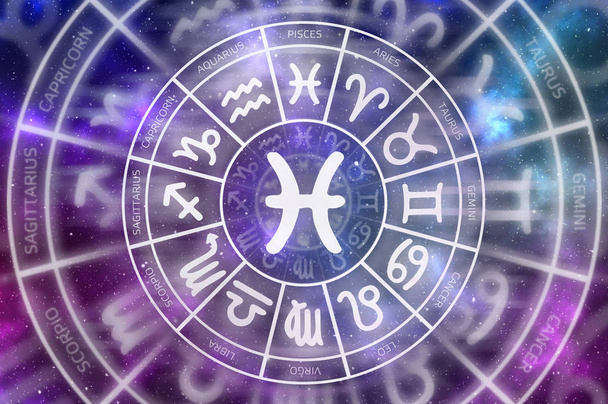 Zodiac Ιχθείς σύμβολο στο εσωτερικό του κύκλου Ωροσκόπιο - Φωτογραφία, εικόνα