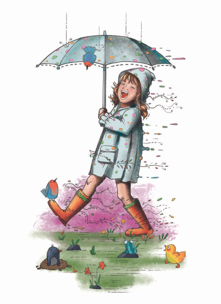 Girl with Umbrella. Tattoo Character Design. Concept Line Art. Realistic Illustration. Video Game Digital CG Artwork - Photo, image