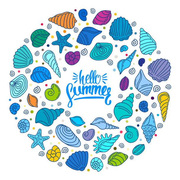 hello summer banner in circle composition, hand drawn sea shells and stars collection, - Vector, Image