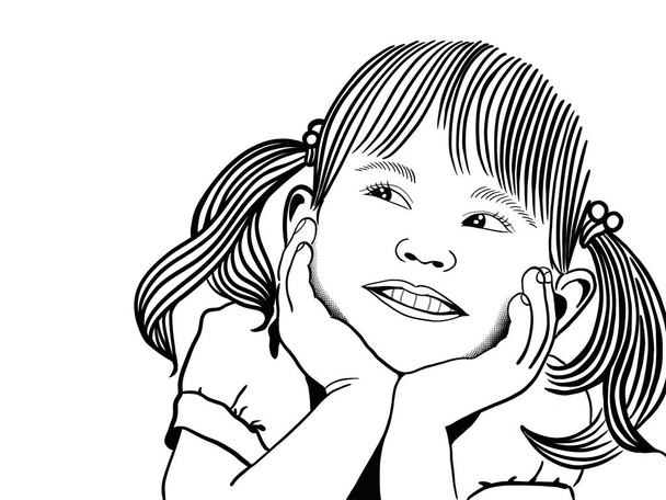 expressão de felicidade de mulher jovem; Desenho digital preto e branco
 - Foto, Imagem