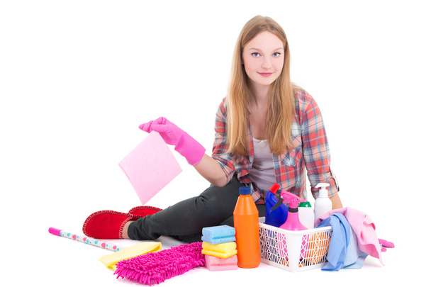 beautiful blond sitting with cleaning equipment isolated on whit - Photo, Image