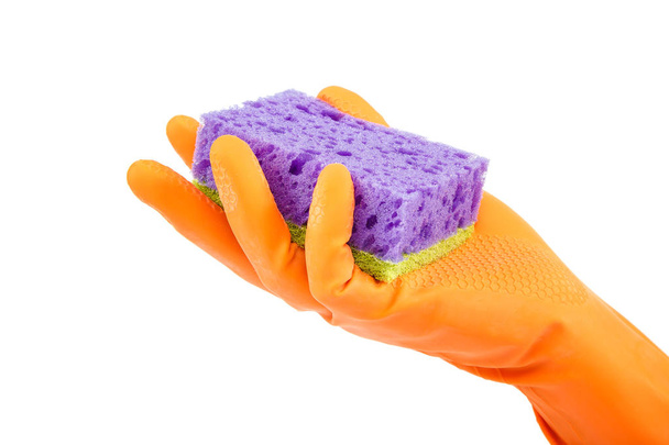 Hand in rubber glove with sponge on white. - Φωτογραφία, εικόνα