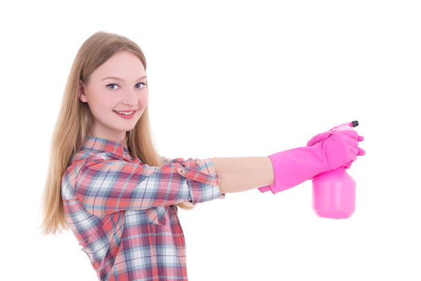 young smiling woman in pink rubber gloves with spray isolated on - Valokuva, kuva