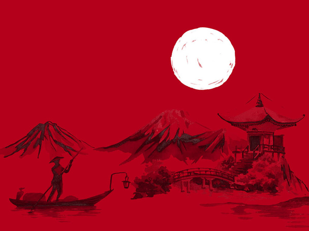 Japan traditional sumi-e painting. Watercolor and ink illustration in style sumi-e, u-sin. Fuji mountain, sakura, sunset. Japan sun. Indian ink illustration. Japanese picture, red background. - Foto, Imagem