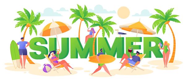 Banner zum Thema Sommerurlaub. Aktivitäten im Freien und Erholung am Strand. - Vektor, Bild