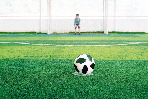 サッカーのゴールキーパーは、フィールド上。サッカーのゴールキーパーとしての若い少年. - 写真・画像