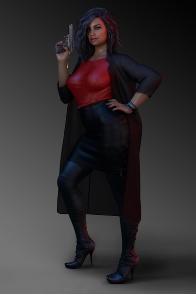 Urban Fantasy BBW no vestido de couro vermelho, espião ou assassino
 - Foto, Imagem