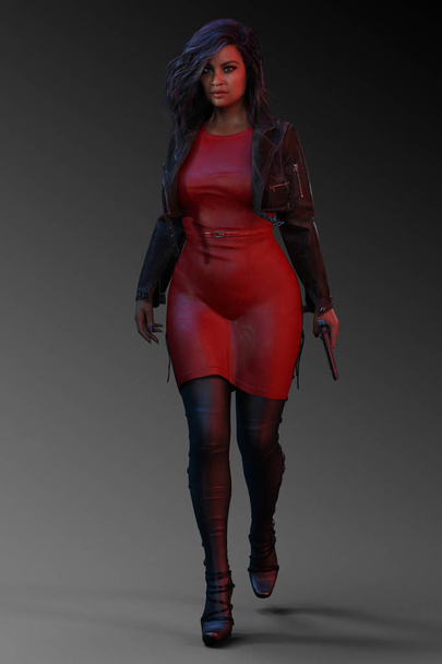 Παχιά γυναίκα αστικού Fantasy κόκκινο δερμάτινο φόρεμα, κατάσκοπος ή δολοφόνος - Φωτογραφία, εικόνα