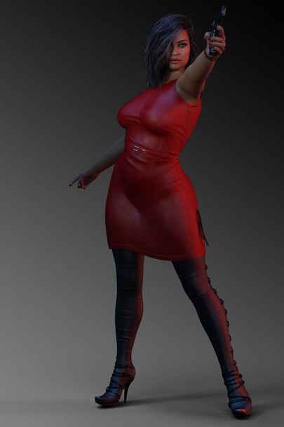 Urban Fantasy BBW in Red Leather Dress, Spy or Assassin - Photo, Image
