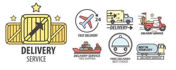 Delivery service isolated emblems parcels transportation food and post - Vector, Image