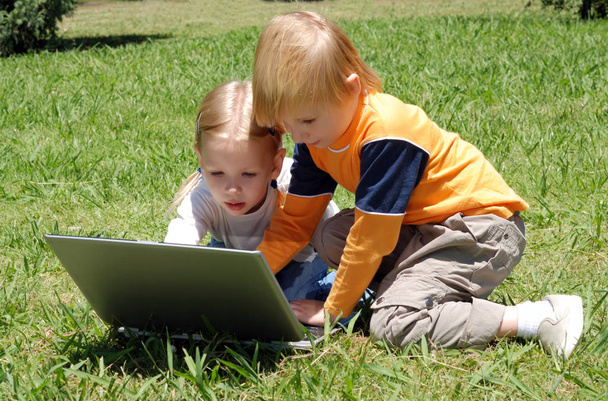 adorable little kids using laptop together in park - 写真・画像