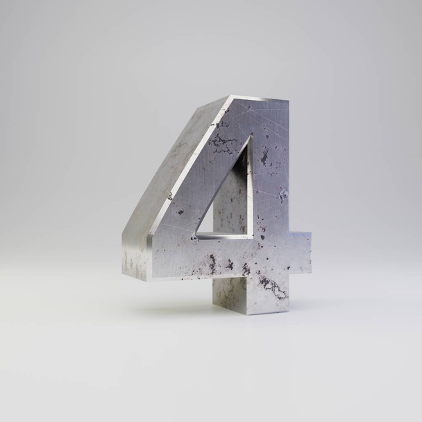 Μεταλλική αριθμό 4. 3D καθιστούν γδαρμένο σκουριασμένο μέταλλο γραμματοσειρά που απομονώνονται σε λευκό φόντο. - Φωτογραφία, εικόνα