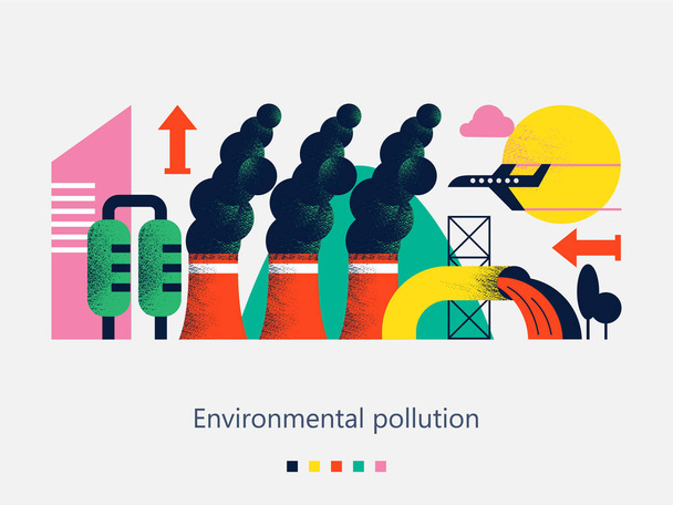 Pollution of the environment by harmful emissions into the atmosphere and water. Factories, Smoking chimneys, the discharge of harmful wastes into the river could. Vector colorful illustration with textures with space for text. - Vector, Image