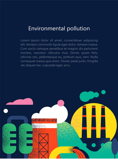 Szennyezés a környezet káros kibocsátások a légkörbe és a vízbe. Gyárak, dohányzás kémények, a kibocsátás a káros hulladékok a folyóba is. Vektor színes illusztráció textúrákat helyet a szöveg. - Vektor, kép